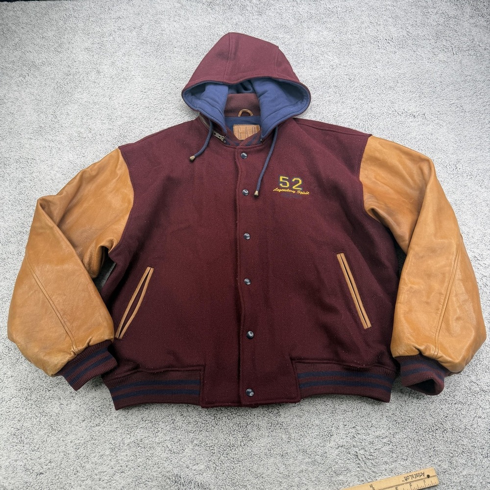 Vintage Gap Varsity Jacket Mens XL Burgundy Red Leather Sleeves Hooded USA 90s